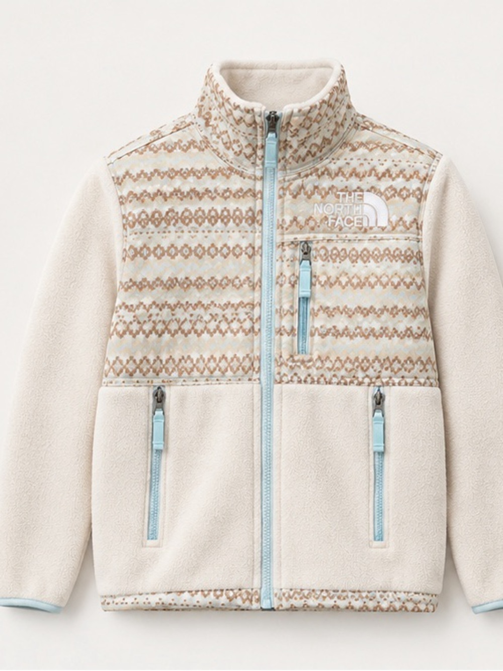 The North Face Youth Cream Fleece Jacket with Tan Pattern & Light Blue Zippers